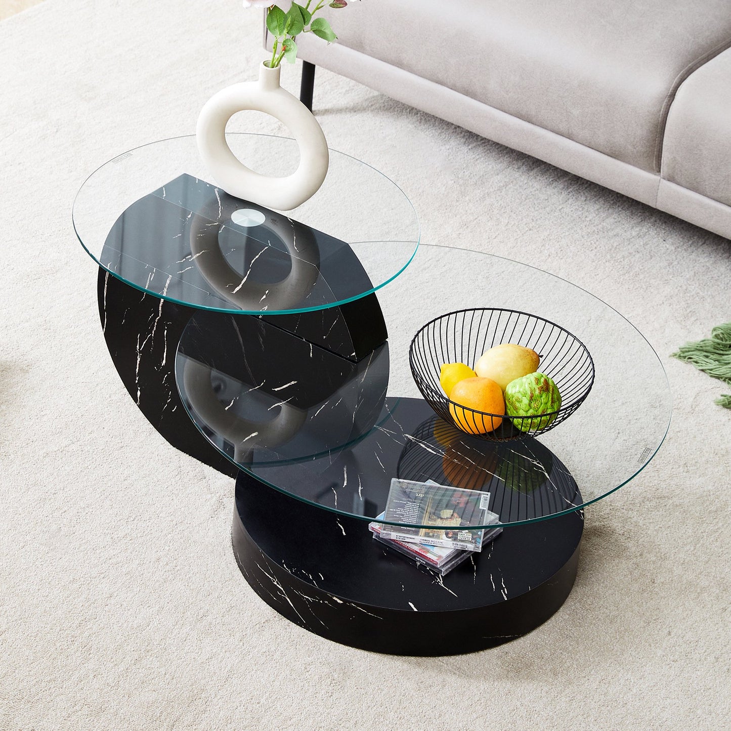 Sudica Modern Coffee Table with Double-layer Round Glass Tabletop,31 inch Tea Table with Black Marble Patterned Base,Center Table for Living Room
