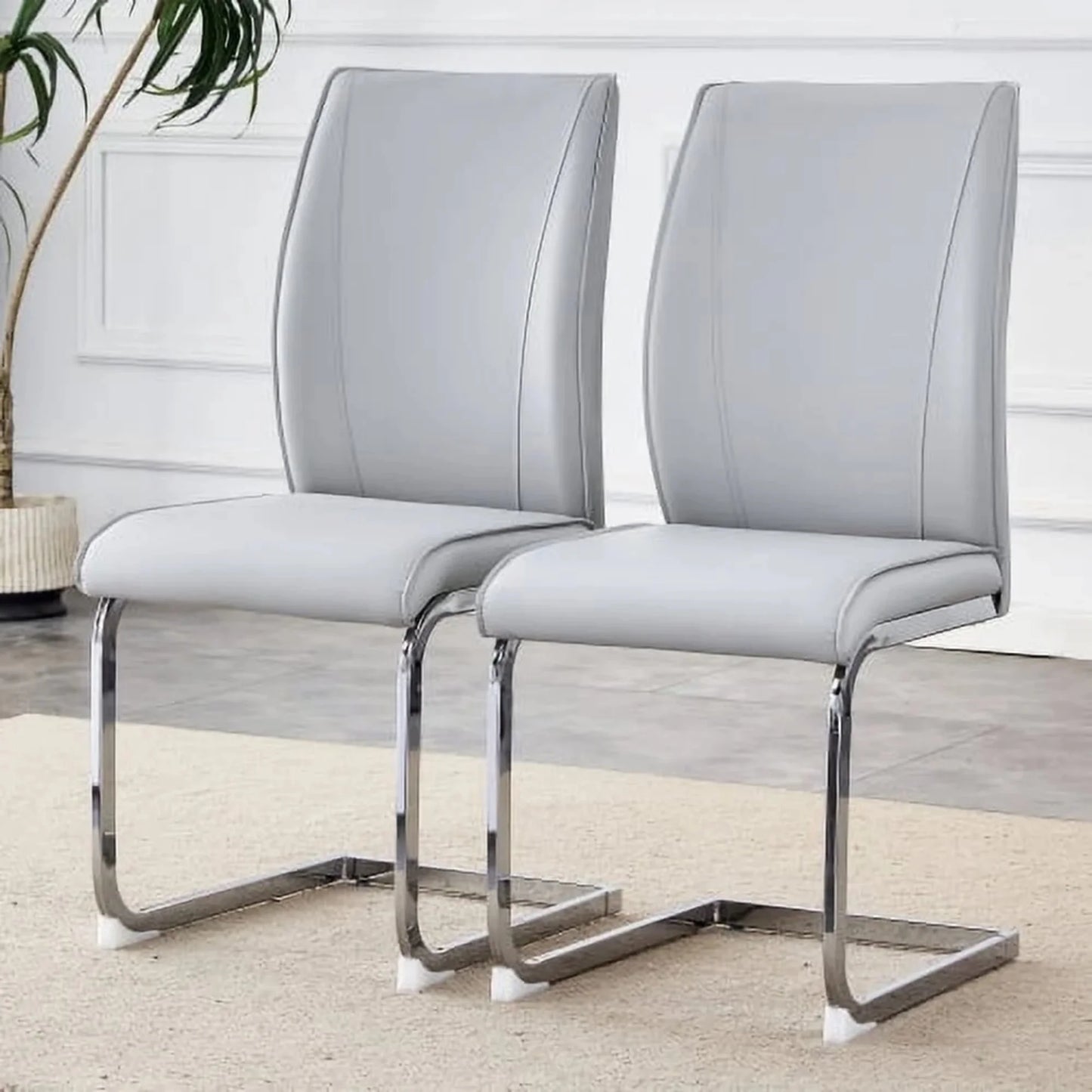 SUDICA Dining Room Chairs, Light Gray Faux Leather High Back, Chrome Legs, Set of 2