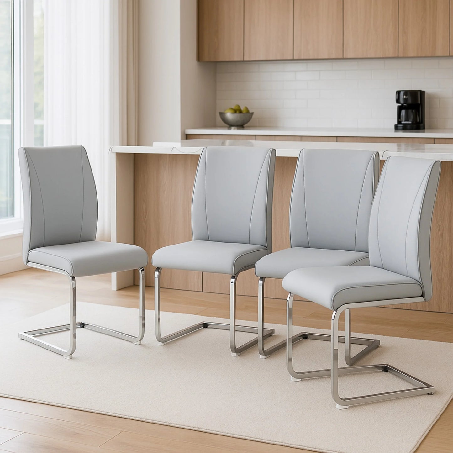 Sudica Modern Dining Chairs Set of 4, Light Grey PU Leather, High Back Upholstered, Kitchen/Living Room