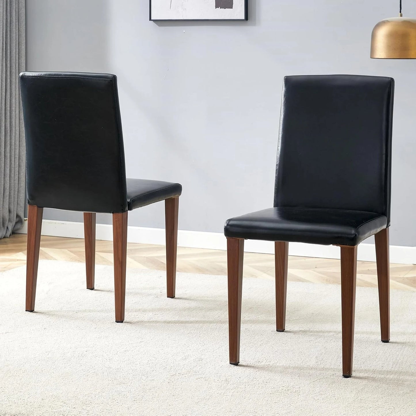 SUDICA Black Faux Leather Dining Chairs Set of 2, Walnut-Finish Metal Legs for Kitchen & Dining