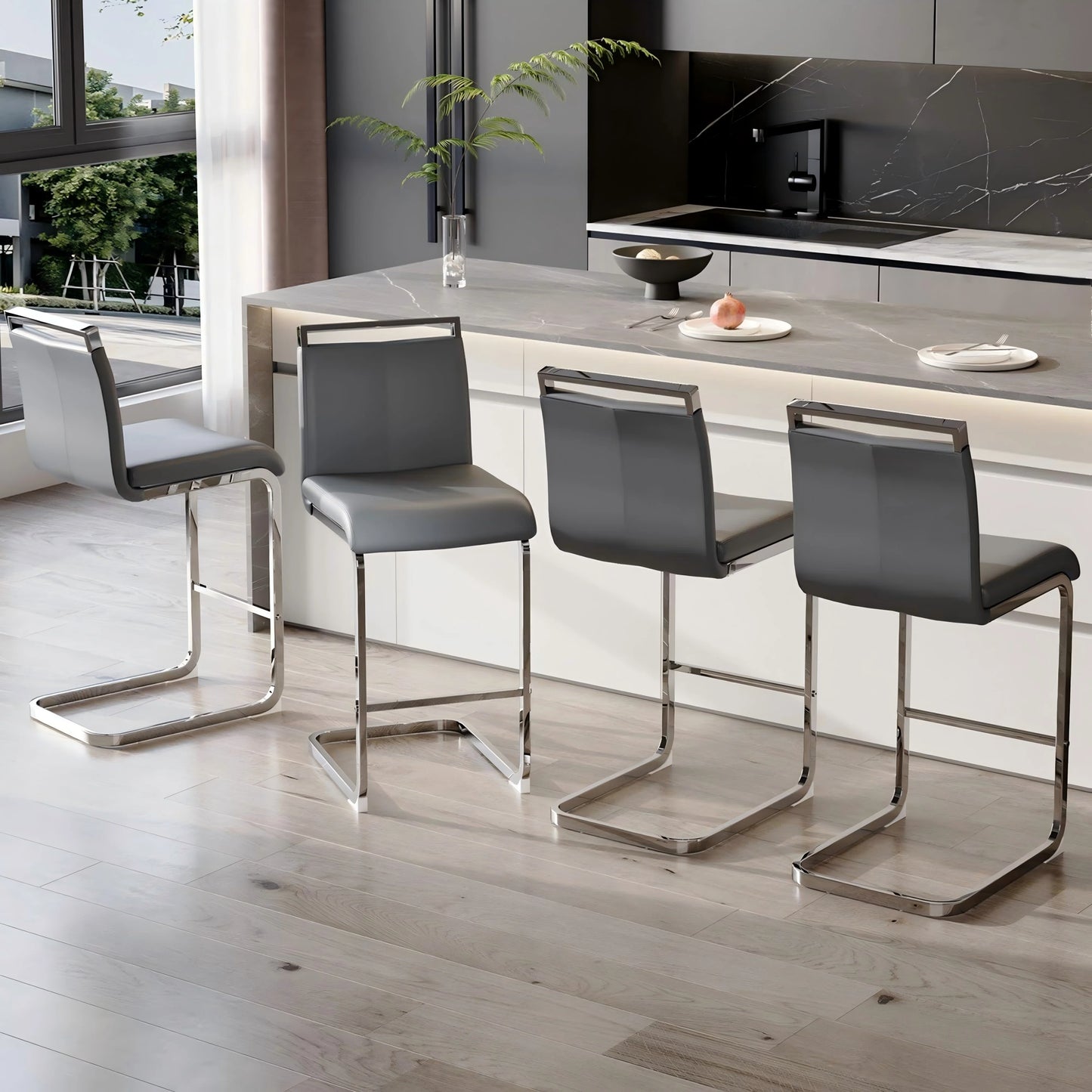 Sudica Counter Height Bar Stools Set of 2,Modern PU Leather Barstools,25 inch Seat Height ,Upholstered with Metal Legs,Dark Gray