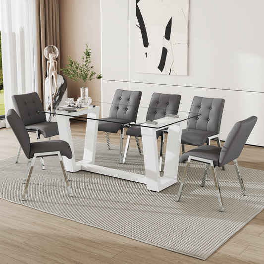 63" Glass Dining Table Set for 6, Sudica White Legs Kitchen Table Set with Upholstered Faux Leather Dining Room Chairs, Gray