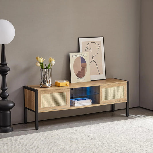 Rattan TV Stand for 65 Inch TV, Boho Entertainment Center with Adjustable Shelves & Metal Frame, Wood TV Media Console with Variable Light Strip for Living Room, White,Natural