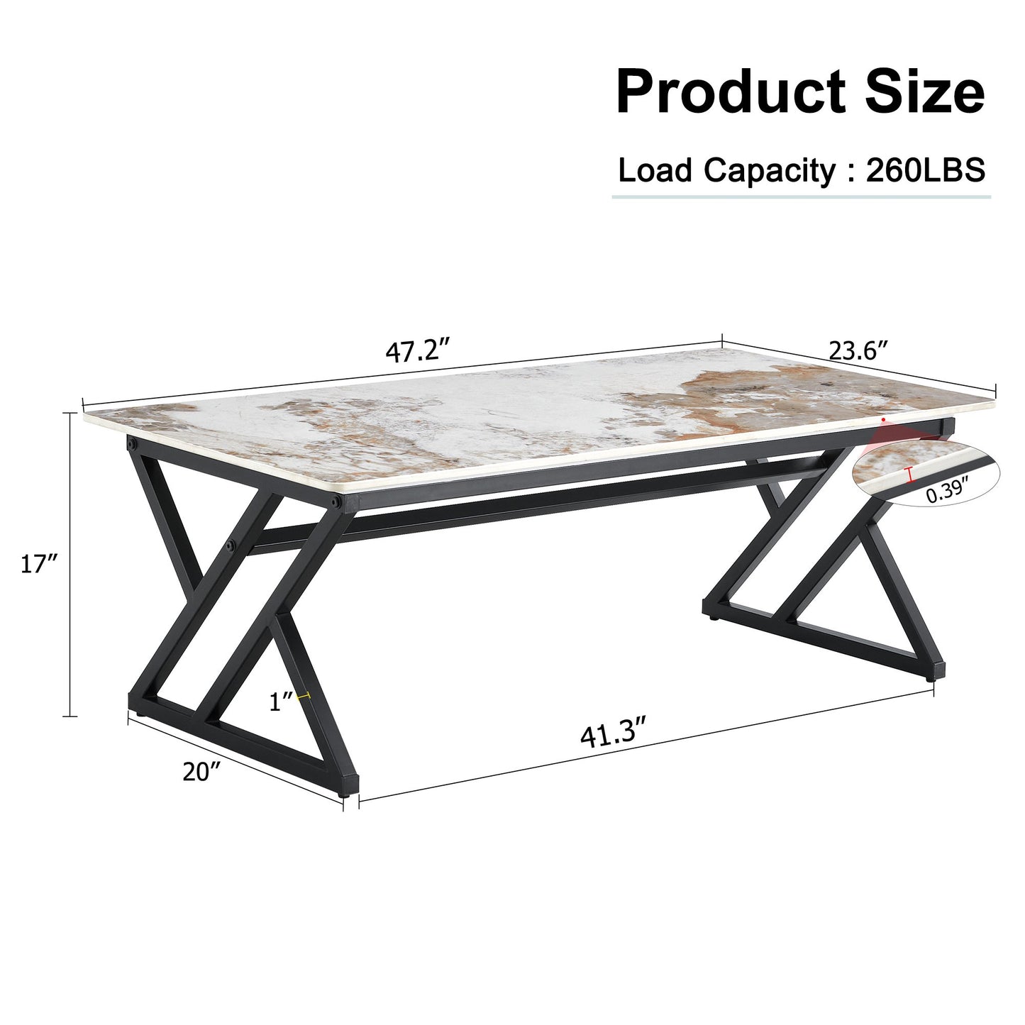 Sudica Multicolor Faux Marble Coffee Table with Black Legs, 47 inch Modern Rectangular Center Table for Living Room
