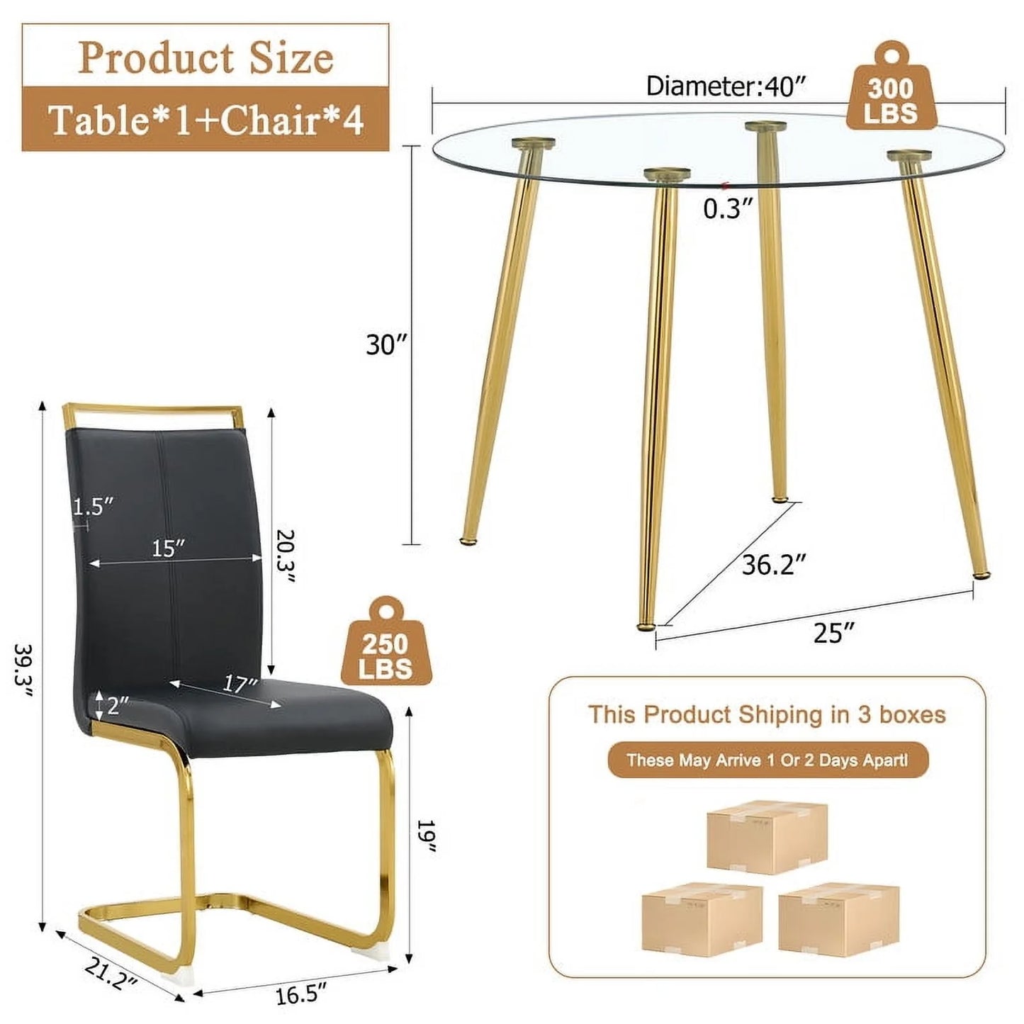 Sudica Round Dining Table Set for 4, 40in Tempered Glass Table with Black PU Chairs & Gold Legs