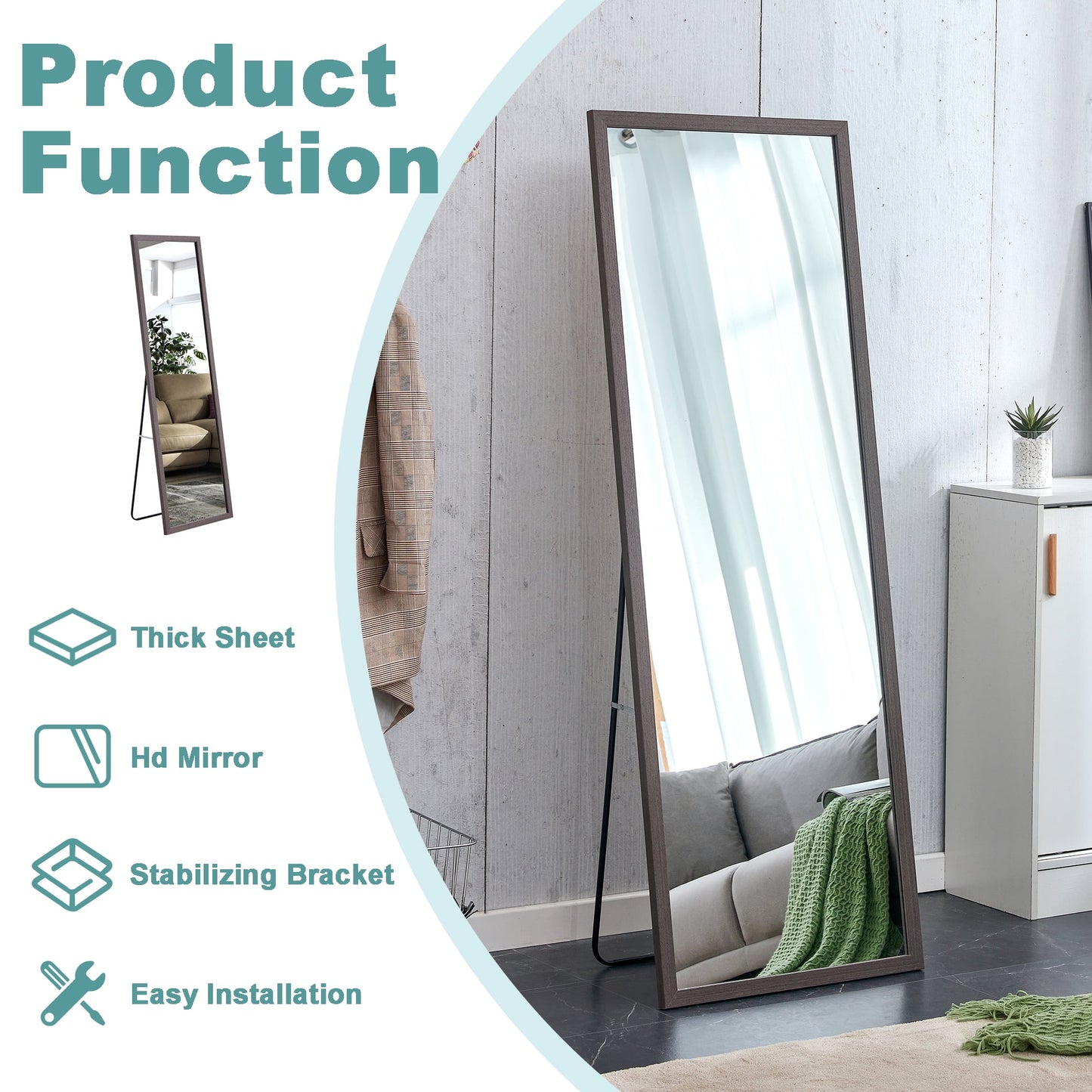 Wood Floor Mirror, 65"x 23" Sudica Thick Wooden Frame Full Body Mirror with Stand, Wall Mirror for Living Room, Gray