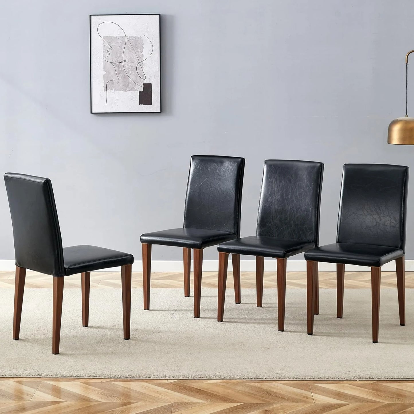 SUDICA Black Faux Leather Dining Chairs Set of 4, Walnut-Finish Metal Legs for Dining Room & Kitchen