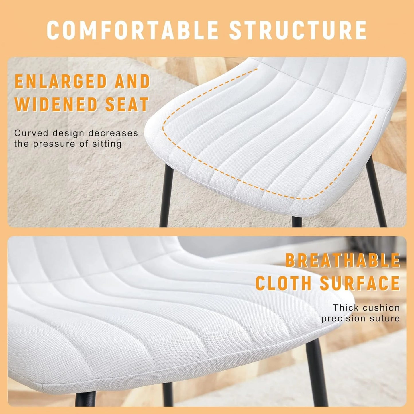 Sudica Dining Chairs Set of 4, Mid-Century Modern Upholstered Retro Linen Chairs with Walnut Bentwood Back and Metal Legs Adjustable Feet for Kitchen Dining Room, White Vertical Stripes Linen