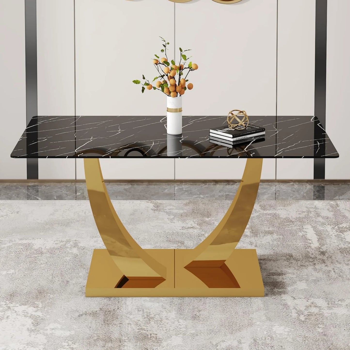 SUDICA 5 Piece Dining Set, 63" Black Glass Table with Gold Legs and Gray PU Chairs