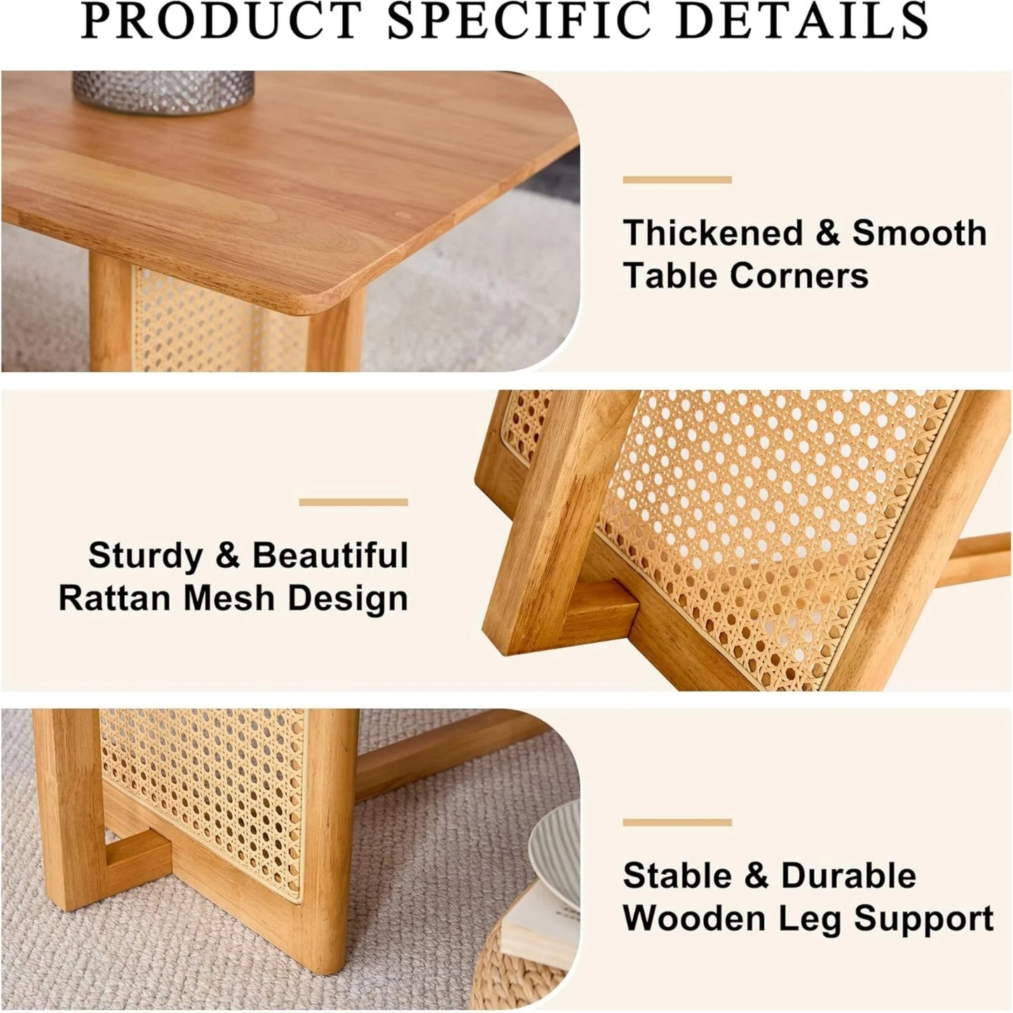 SUDICA 47" Solid Wood Coffee Table, Rattan Panel Legs, Modern Rectangle Table for Living Room