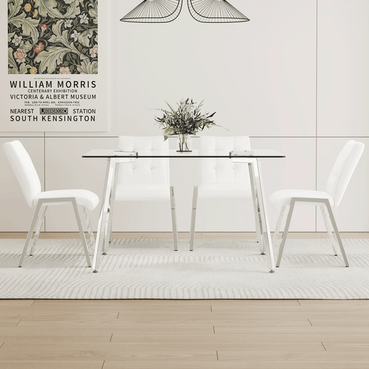 Glass Dining Table Set, Sudica Rectangular Kitchen Table with Upholstered Faux Leather Dining Room Chairs, White