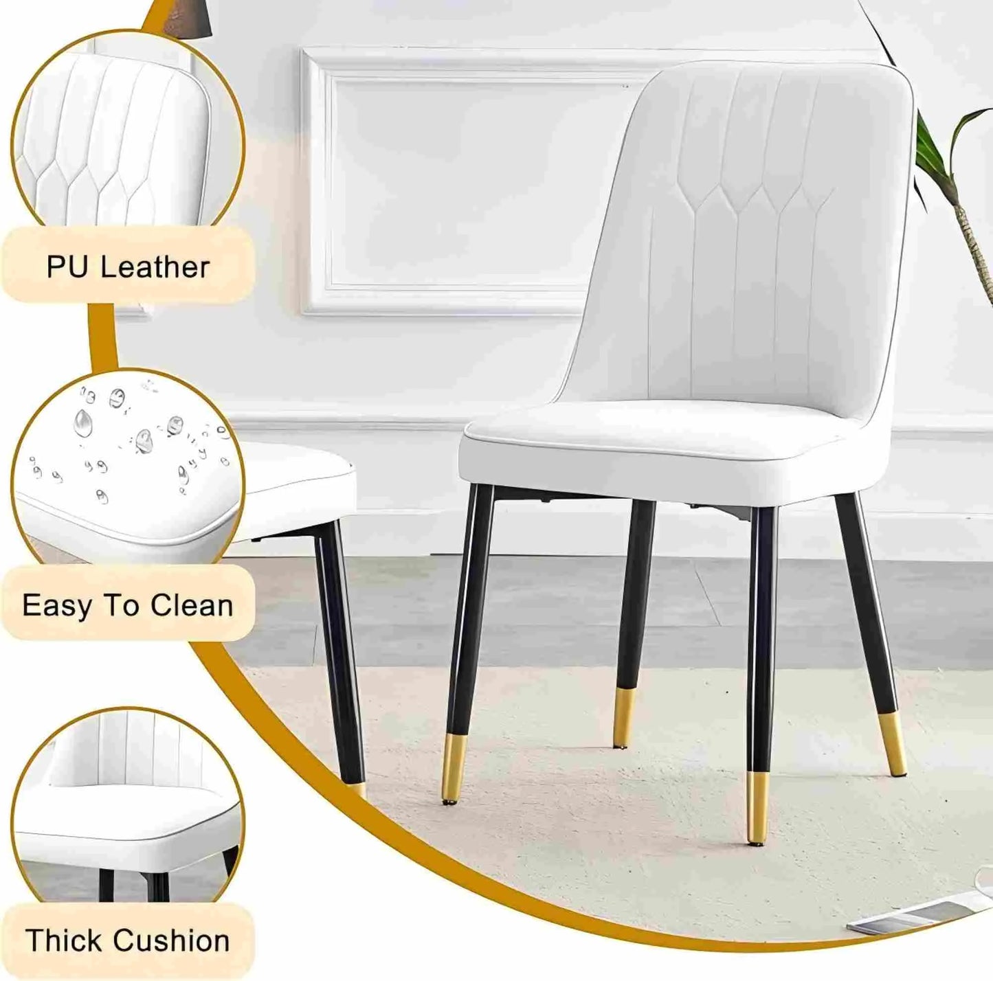 SUDICA Dining Table Set Black Glass Top Gold Base White Faux Leather Chairs for Dinner, 5 Piece