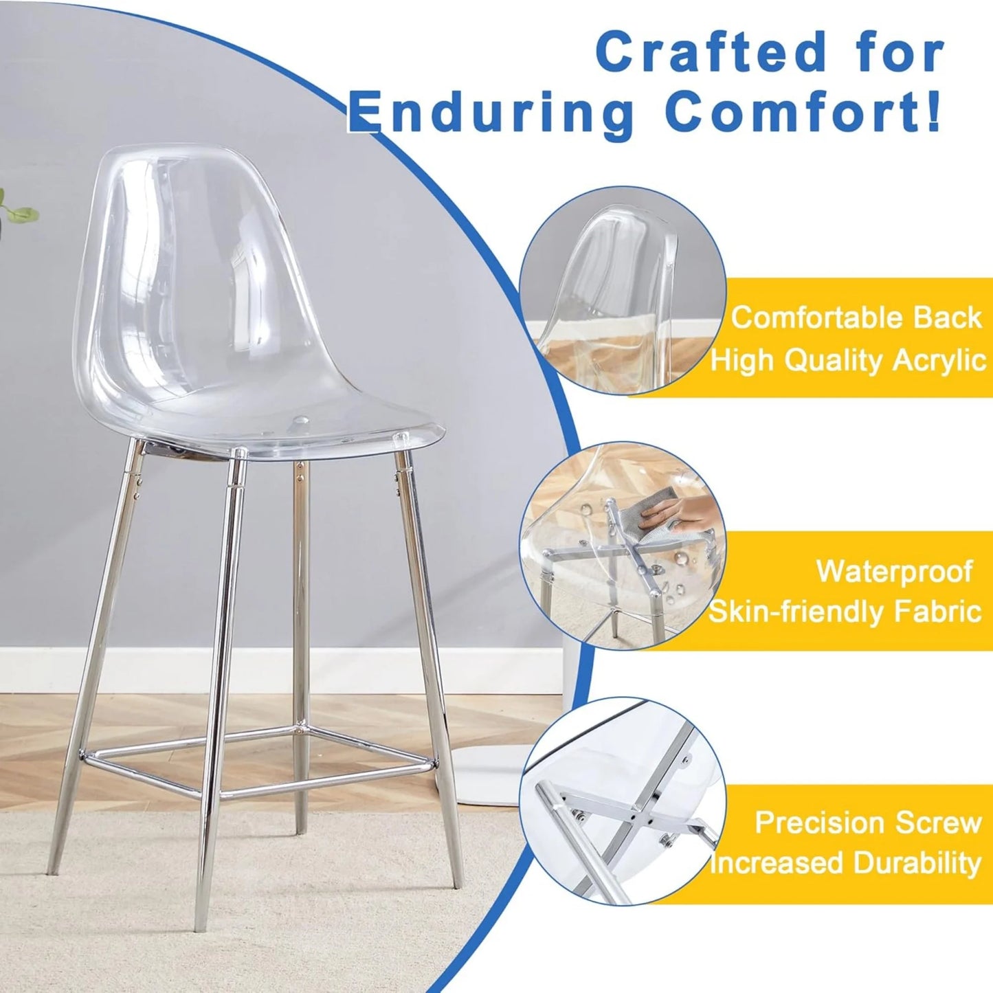 SUDICA Kitchen Island Counter Height Bar Stools Set of 2, Clear PET Seats, Silver Legs