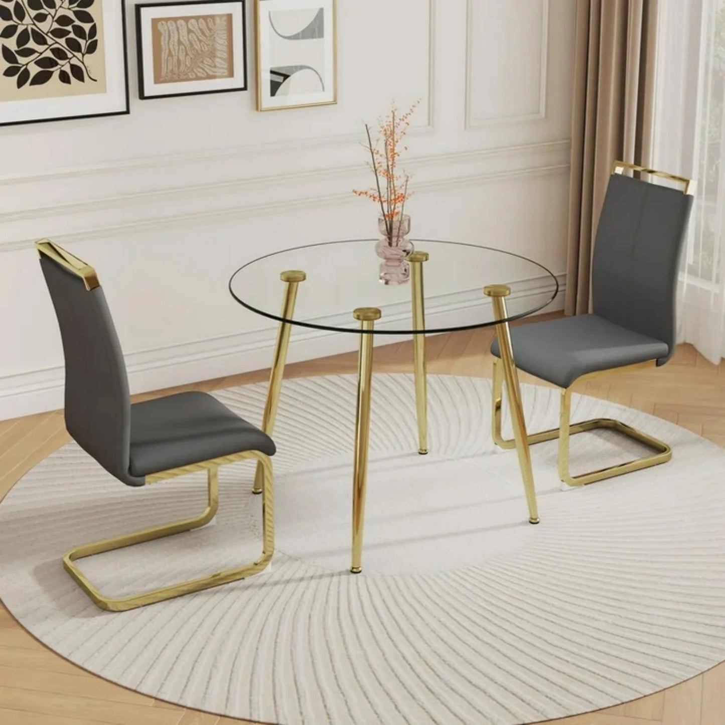 Sudica Round Dining Table Set for 2, 40-Inch Tempered Glass Top with Grey PU Chairs & Gold Legs