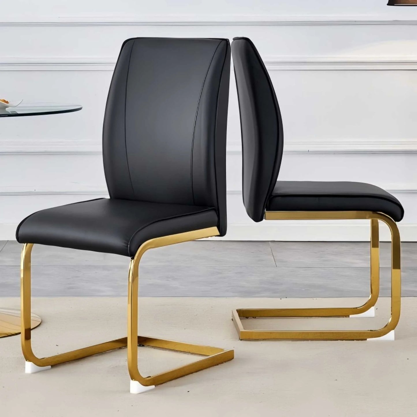 SUDICA Dining Room Chairs, Black Faux Leather High Back, Gold Metal Legs, Set of 2