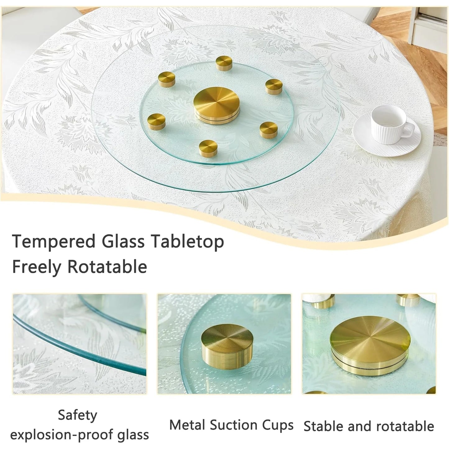 SUDICA 24" Transparent Tempered Glass Lazy Susan Turntable with Gold Base, Large Rotating Dining Table Top