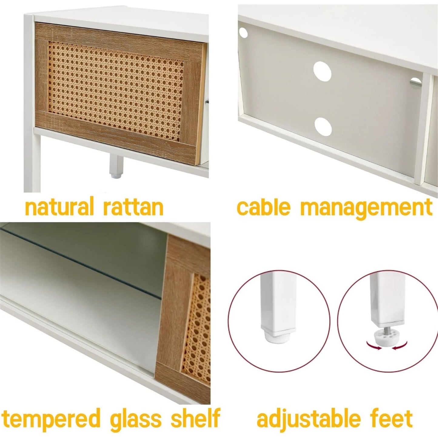 Rattan TV Stand for 65 Inch TV, Boho Entertainment Center with Adjustable Shelves & Metal Frame, Wood TV Media Console with Variable Light Strip for Living Room, White