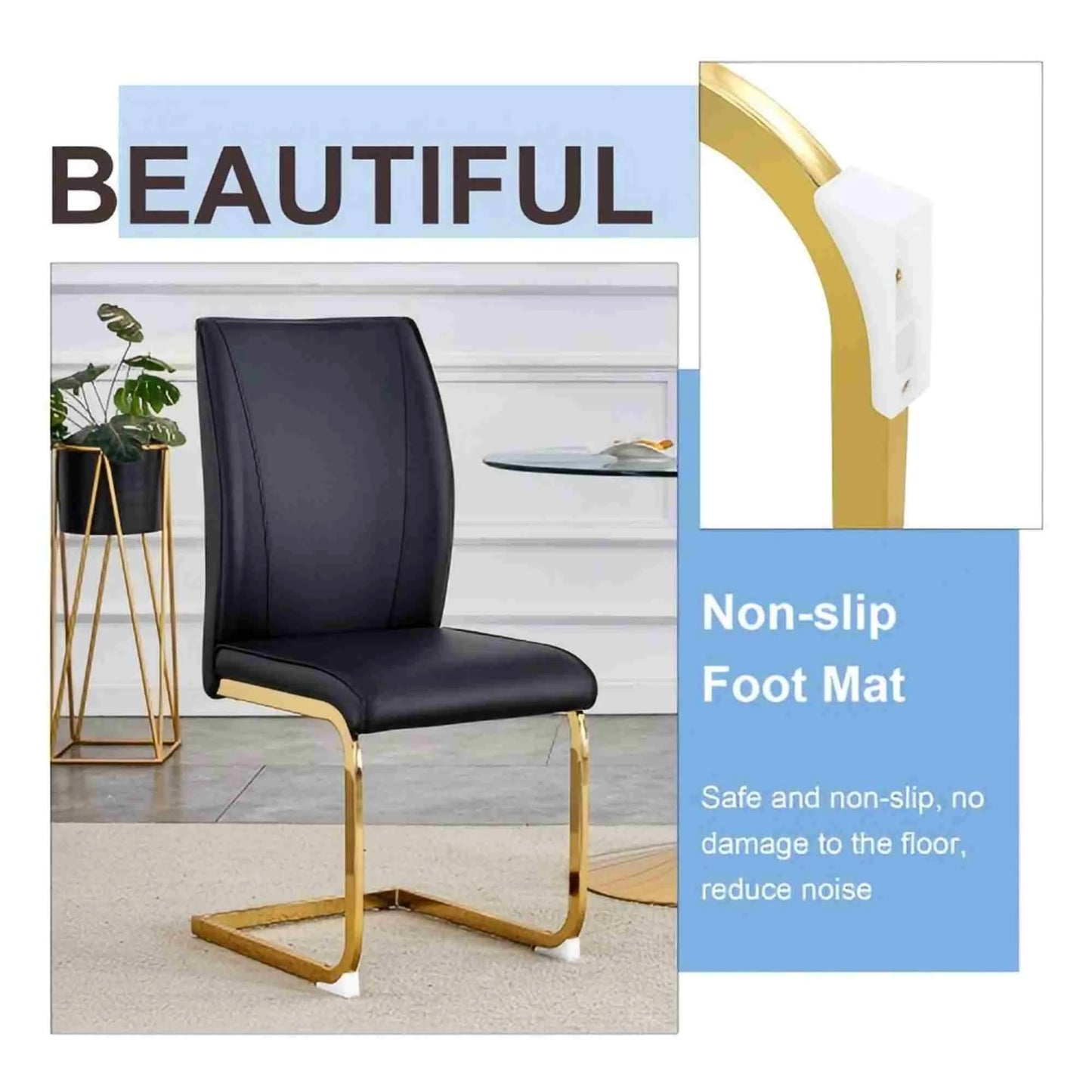 SUDICA Dining Room Chairs, Black Faux Leather High Back, Gold Metal Legs, Set of 2