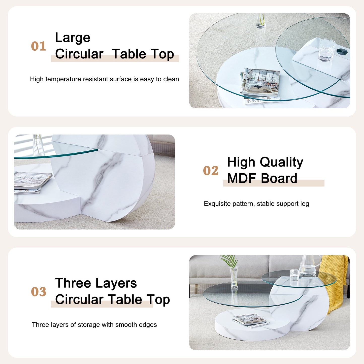 Sudica Modern Coffee Table with Double-layer Round Glass Tabletop,31 inch Tea Table with White Marble Patterned Base,Center Table for Living Room
