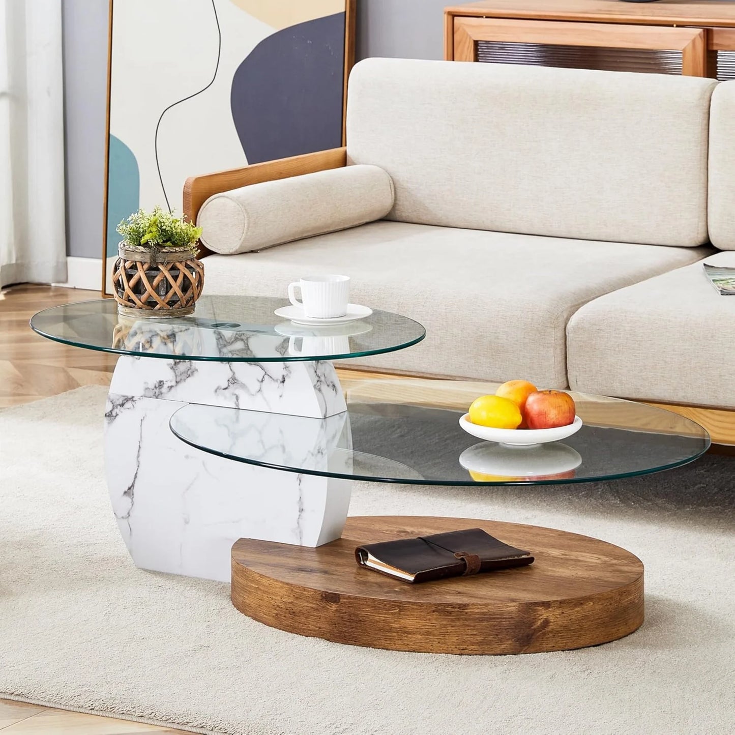 Sudica Modern Coffee Table with Double-layer Round Glass Tabletop,47" Tea Table with White and Wood Faux Marble Patterned Base,Center Table for Living Room