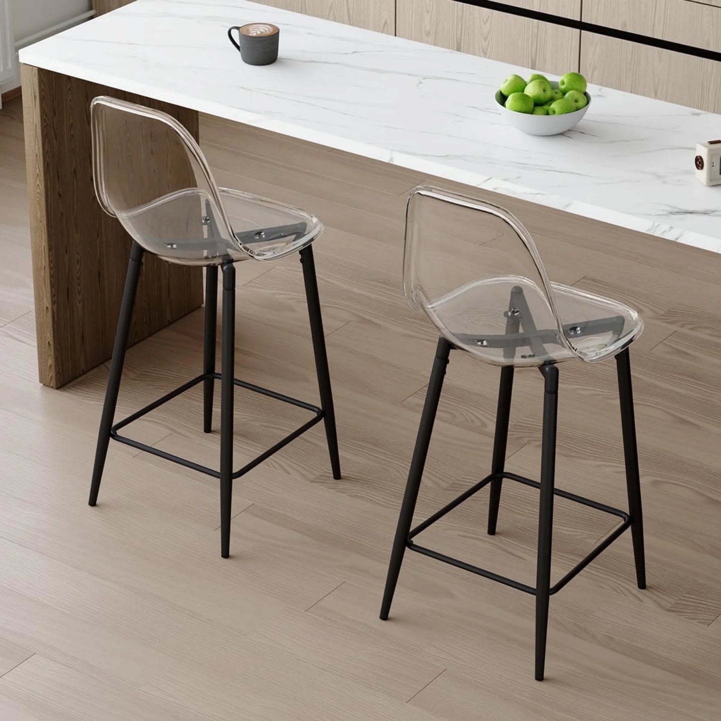 SUDICA Clear Acrylic Counter Height Bar Stools Set of 2 with Black Powder‑Coated Metal Frame