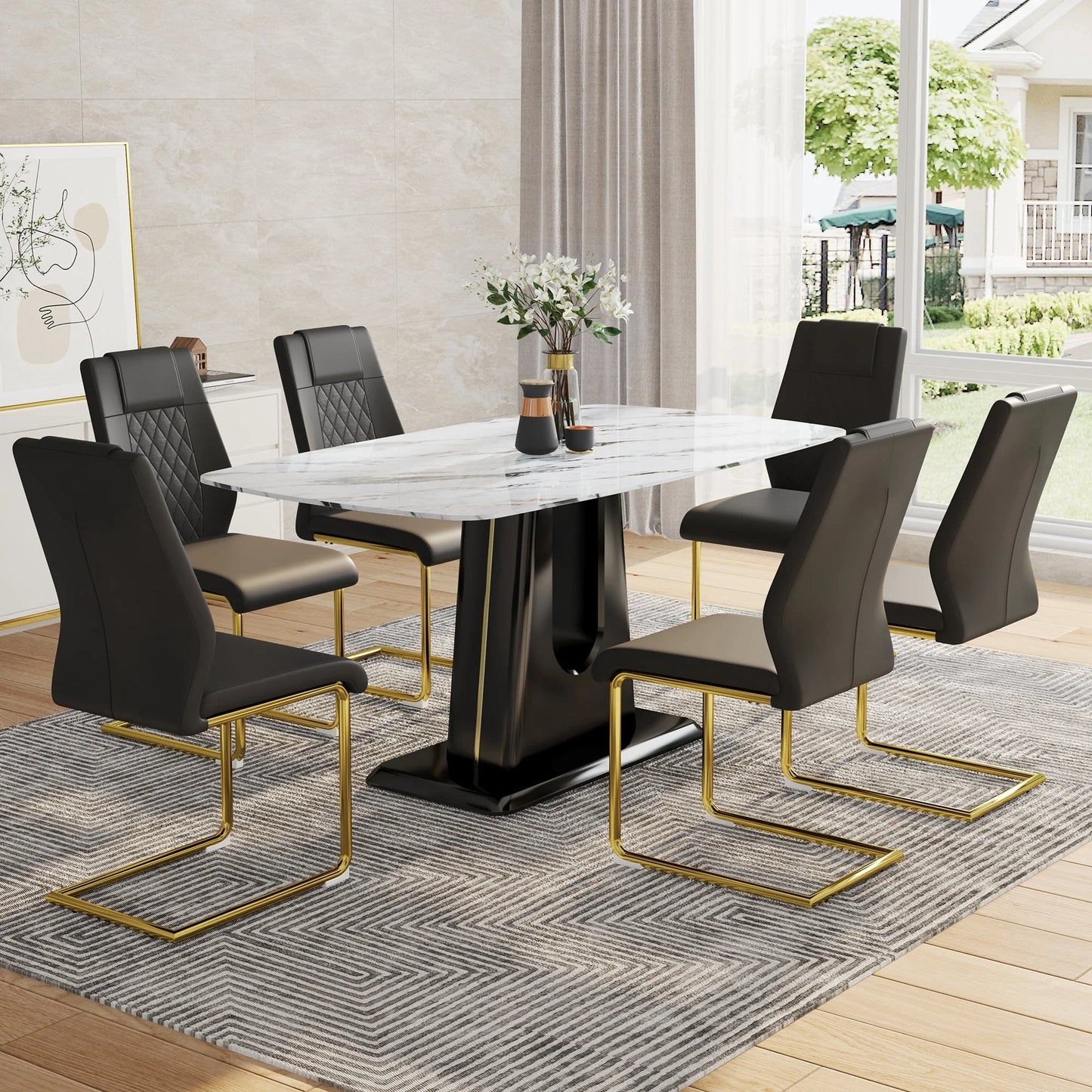 SUDICA 7 Piece Modern Dining Table Set, Faux Marble Top, Black