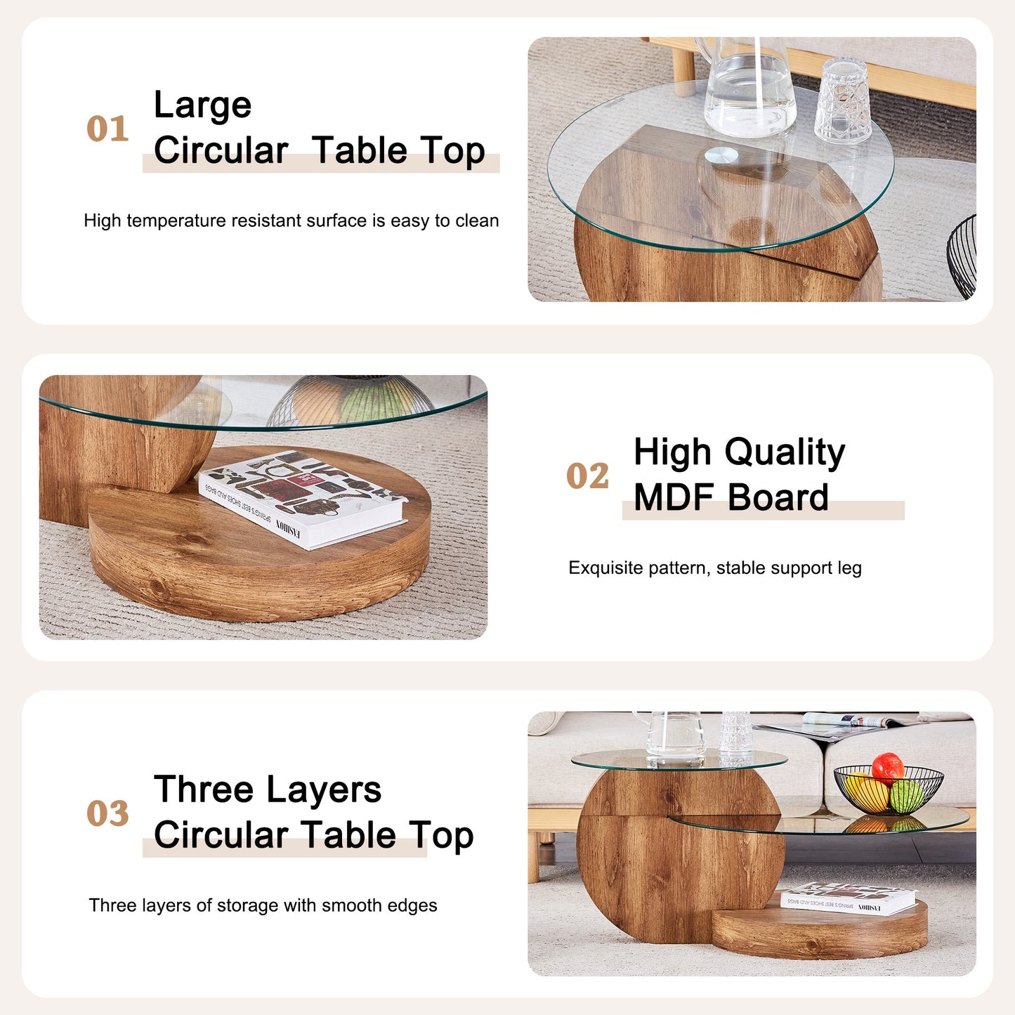 Sudica Modern Coffee Table with Double-layer Round Glass Tabletop,27 inch Tea Table with Dark Wood Grain Base,Center Table for Living Room