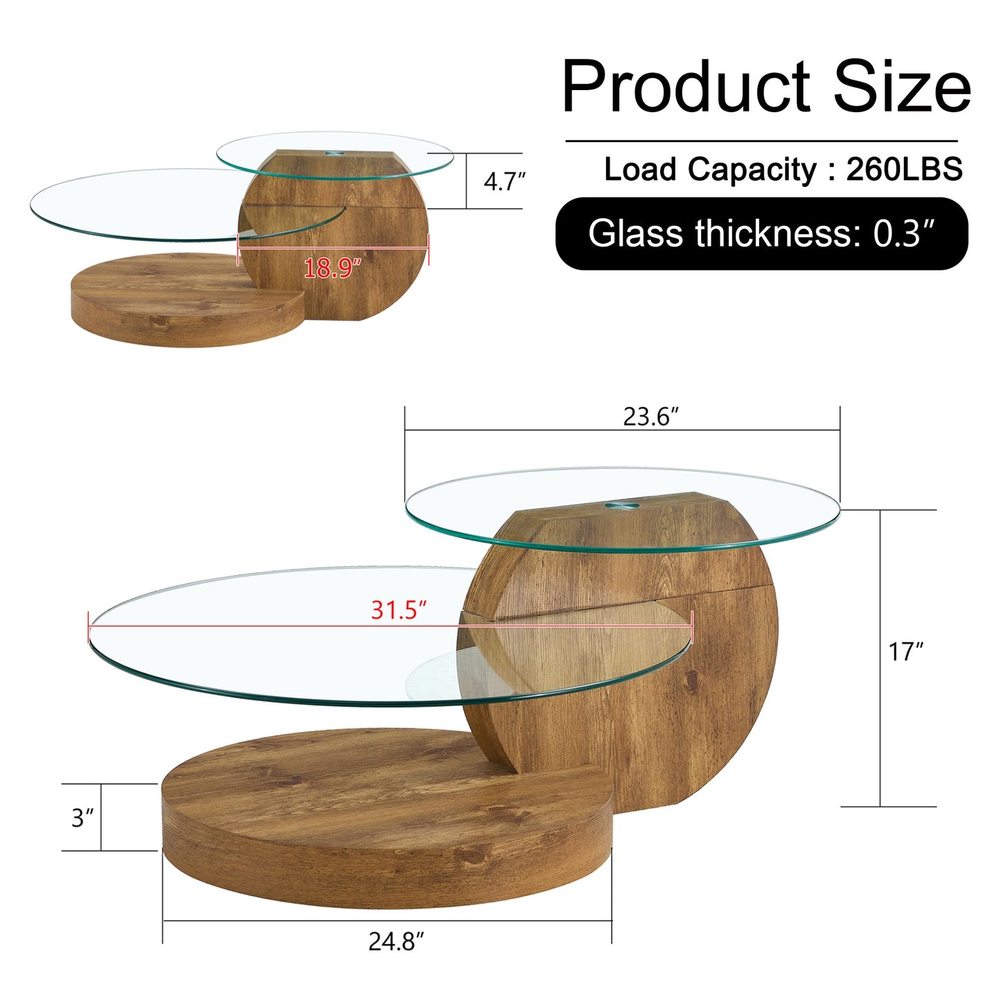 Sudica Modern Coffee Table with Double-layer Round Glass Tabletop,31 inch Tea Table with Dark Wood Grain Base,Center Table for Living Room