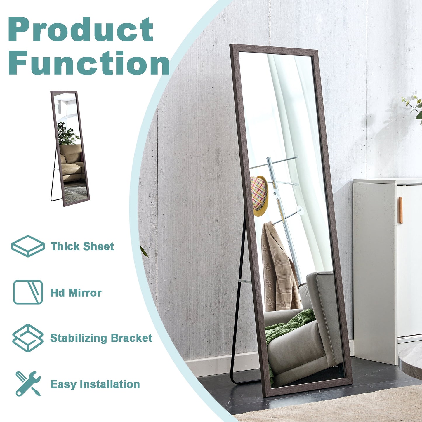Wood Floor Mirror, 58"x 18" Sudica Thick Wooden Frame Full Body Mirror with Stand, Wall Mirror for Living Room, Gray