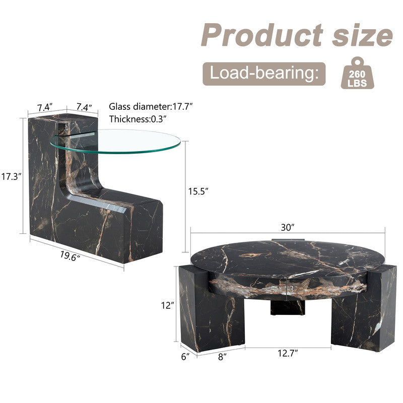 Sudica Detachable Double-decker Coffee Table,30 inch Round Tea Table with Black Faux Marble Base,Center Table for Living Room
