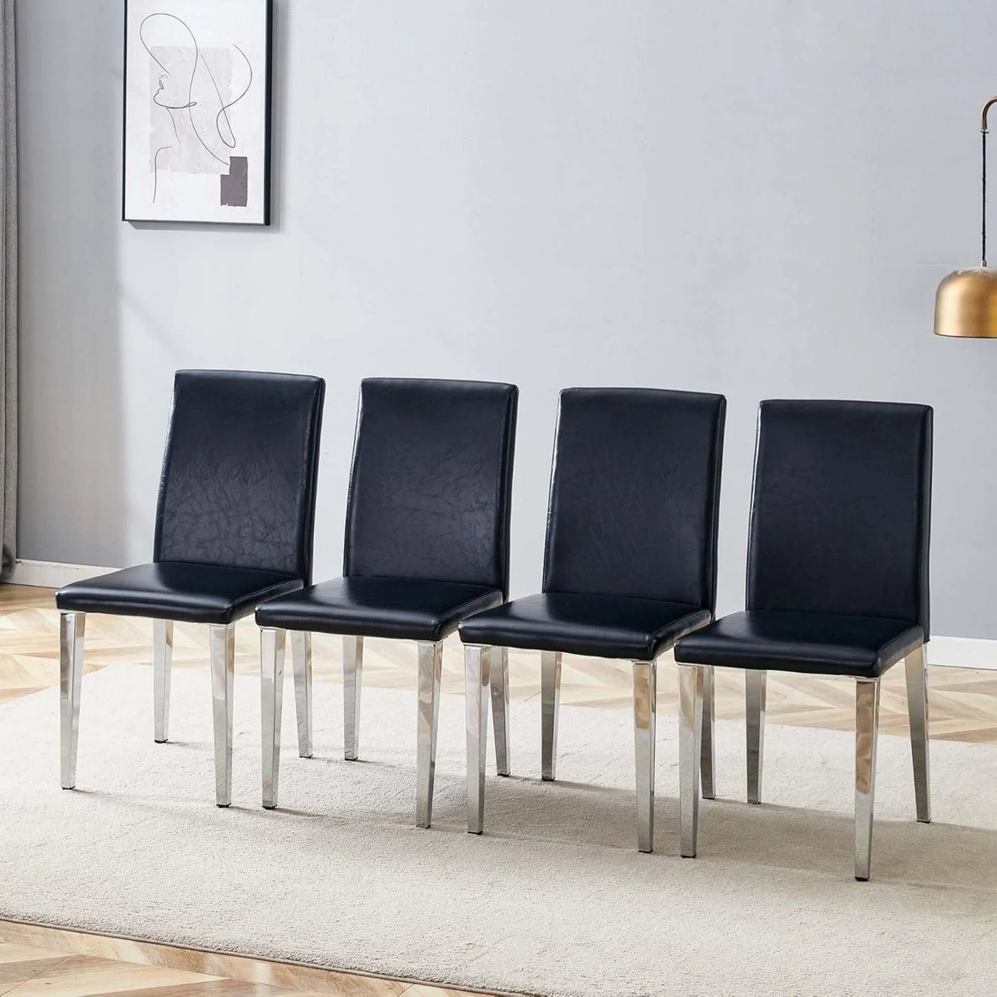 SUDICA Black Faux Leather Dining Chairs Set of 4, Silver Metal Legs for Kitchen & Dining Room