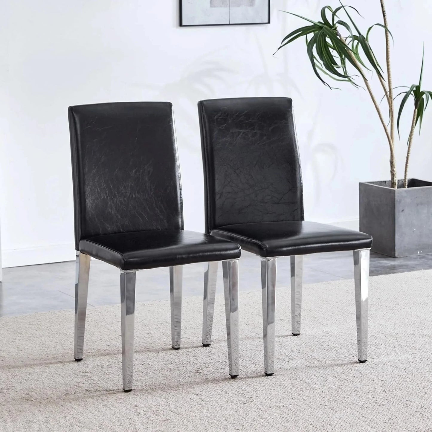 SUDICA Black Faux Leather Dining Chairs Set of 2, Silver Metal Legs for Kitchen or Dining Room