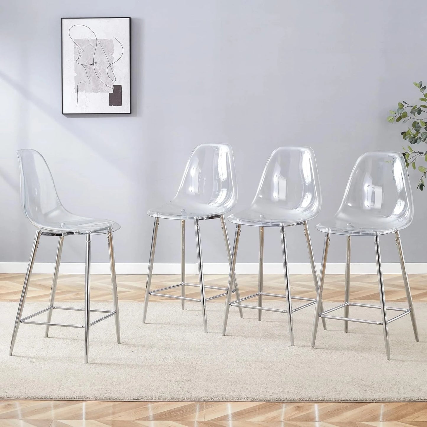 SUDICA Counter Height Bar Stools Set of 4, Clear PET Seats, Silver Metal Legs