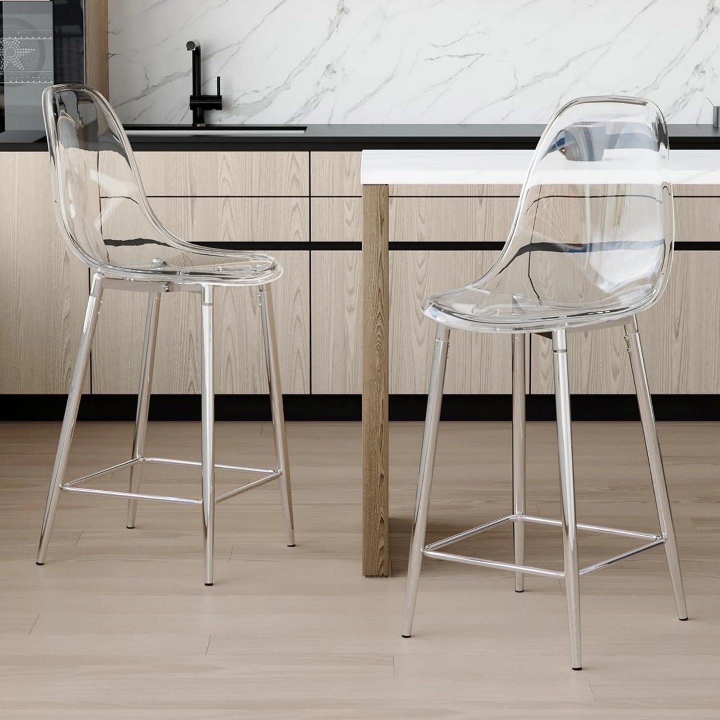 SUDICA Kitchen Island Counter Height Bar Stools Set of 2, Clear PET Seats, Silver Legs