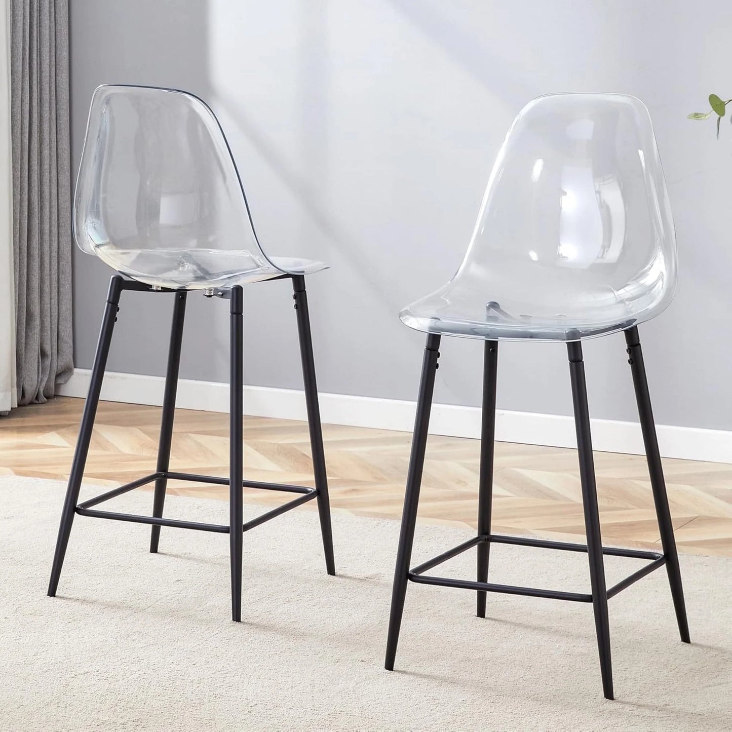 SUDICA Clear Acrylic Counter Height Bar Stools Set of 2 with Black Powder‑Coated Metal Frame