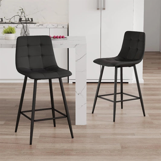 SUDICA 24.4" Counter Height Bar Stools, Black PU Leather, Metal Legs, Set of 2