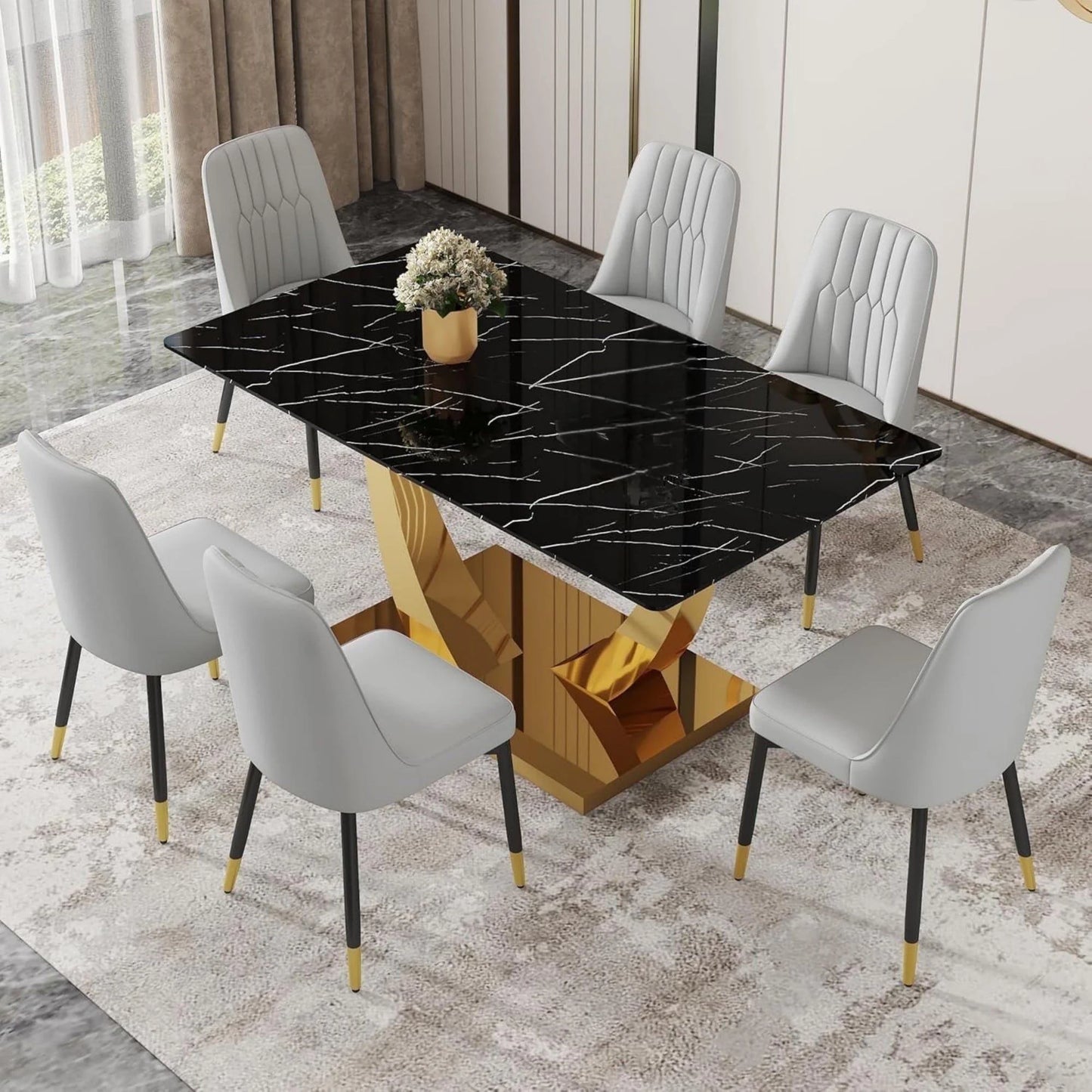 SUDICA 7 Piece Black and Gold Dining Set, Glass Table with Grey PU Chairs for Kitchen