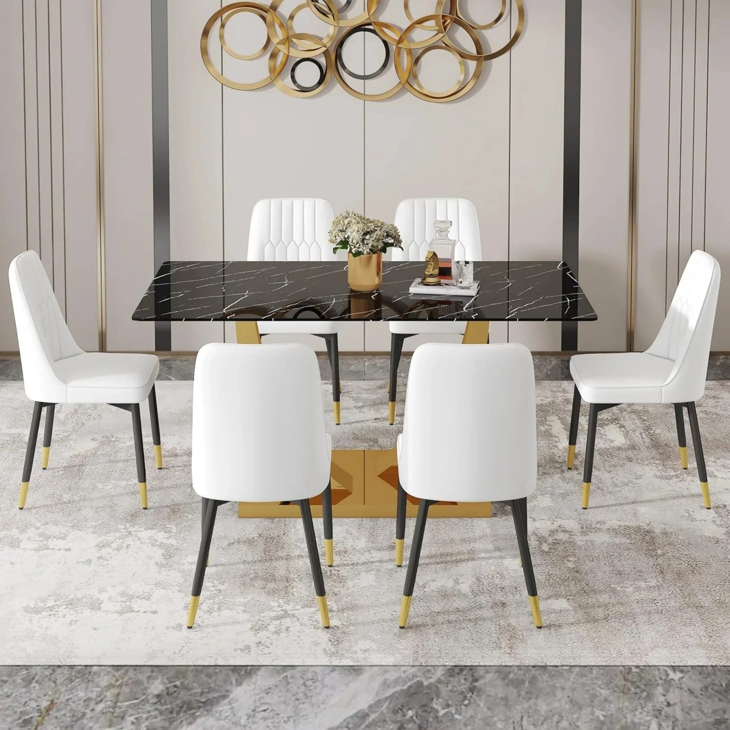 SUDICA 63" Dining Table Set, Black Faux Marble Glass Top, White PU Leather Chairs, Set of 6