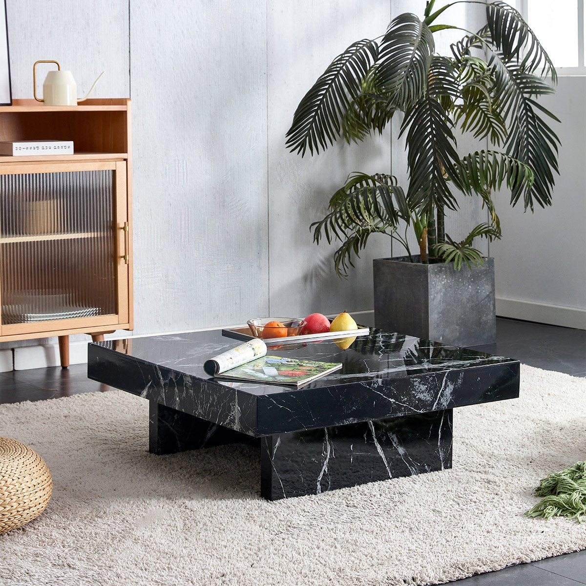 Compact Marble Coffee Table, Sudica 31 inch Square Center Table with Stainless Steel Storage for Living Room,Black
