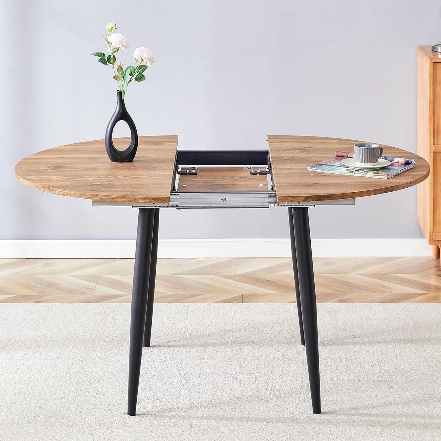 Extendable Kitchen Table, Modern Farmhouse Dining Table, Extendable Dining Room Table, Expandable Conference Table, Round Mid-Century Modern Dining Table, for Small Space, Dining Room (Wood)