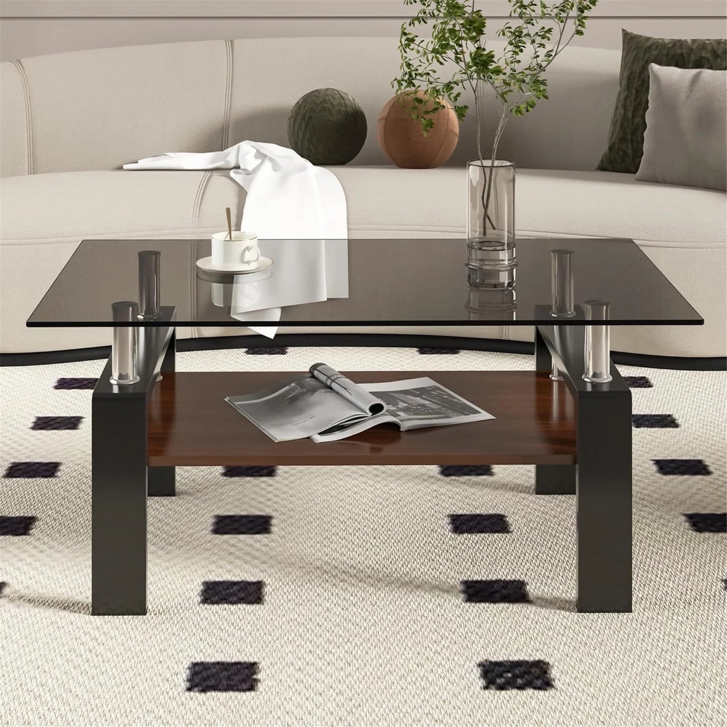 Glass Coffee Table Rectangle Living Room Center Table with Storage, Clear Tempered Glass Tabletop and Smoke Grey Leg,for Living Room and Office (Clear Smoke),Gray brown