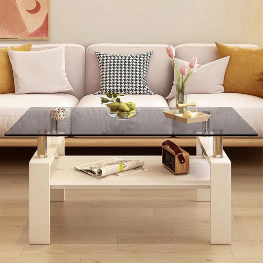 Glass Coffee Table Rectangle Living Room Center Table with Storage, Clear Tempered Glass Tabletop and Smoke Grey Leg,for Living Room and Office (Clear Smoke),Gray white