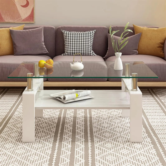 Glass Coffee Table Rectangle Living Room Center Table with Storage, Clear Tempered Glass Tabletop and Smoke Grey Leg,for Living Room and Office (Clear Smoke),Transparent White