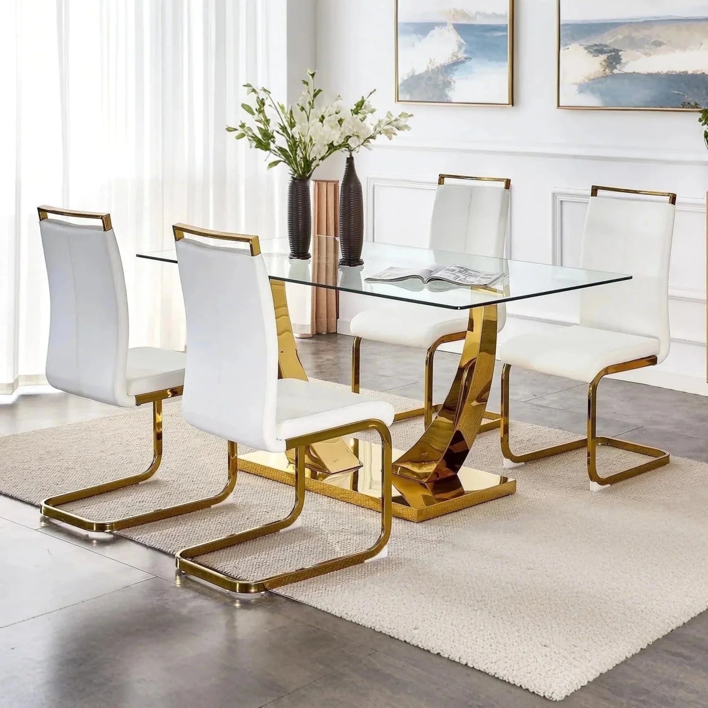 SUDICA Glass Dining Table Set with White PU Chairs for Dining Room, 5 Pieces