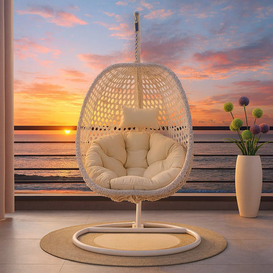 Hanging Egg Chair with Stand,Sudica Patio Soft Cushion Rattan Wicker Egg Swing Chair for Outdoor and Indoor,350lbs Capacity,White