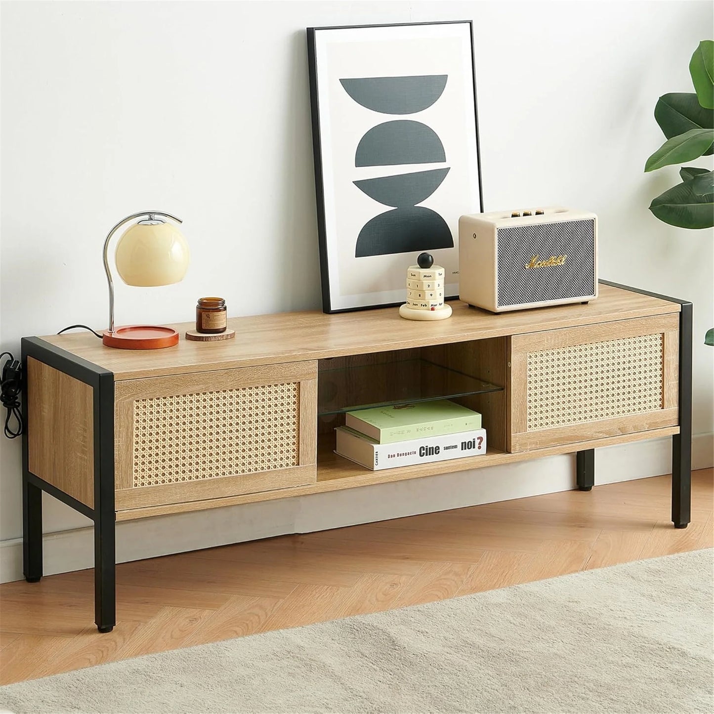 Rattan TV Stand for 65 Inch TV, Boho Entertainment Center with Adjustable Shelves & Metal Frame, Wood TV Media Console with Variable Light Strip for Living Room, White,Natural