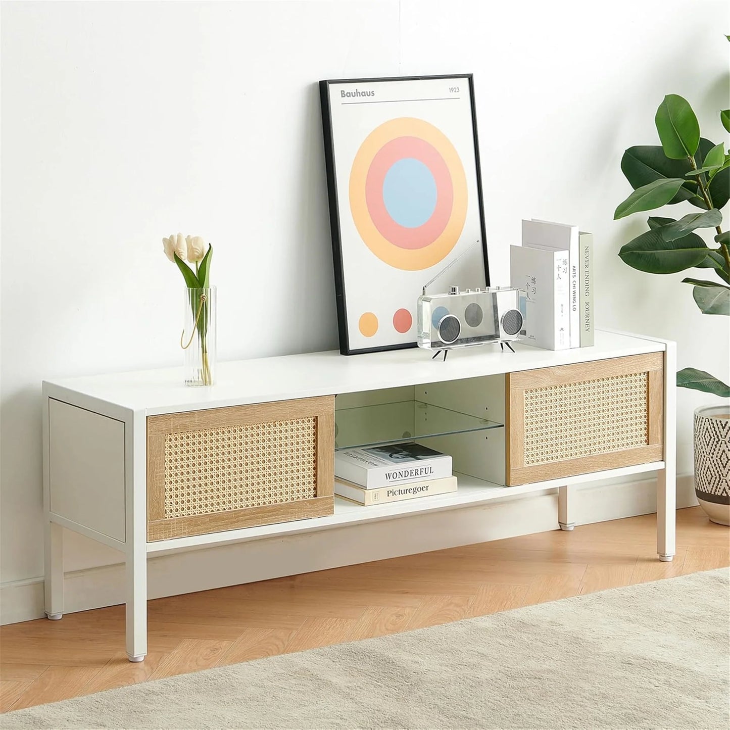 Rattan TV Stand for 65 Inch TV, Boho Entertainment Center with Adjustable Shelves & Metal Frame, Wood TV Media Console with Variable Light Strip for Living Room, White