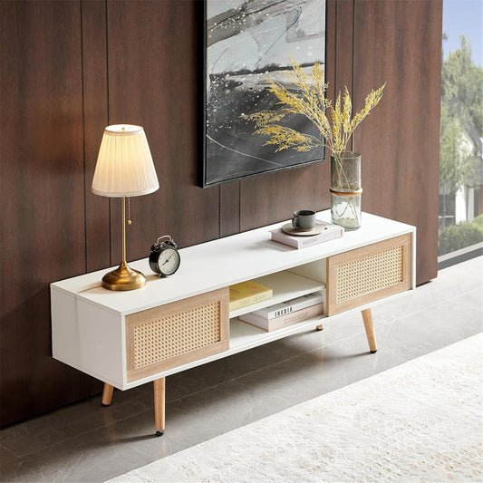 Rattan TV Stand for 65 Inch TV, Boho Entertainment Center with Adjustable Shelves & Metal Frame, Wood TV Media Console with Variable Light Strip for Living Room, White,White Wood