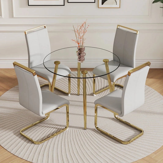 Round Dining Table Set for 4, Sudica 40in Tempered Glass & Light Grey PU Chairs, Gold Legs