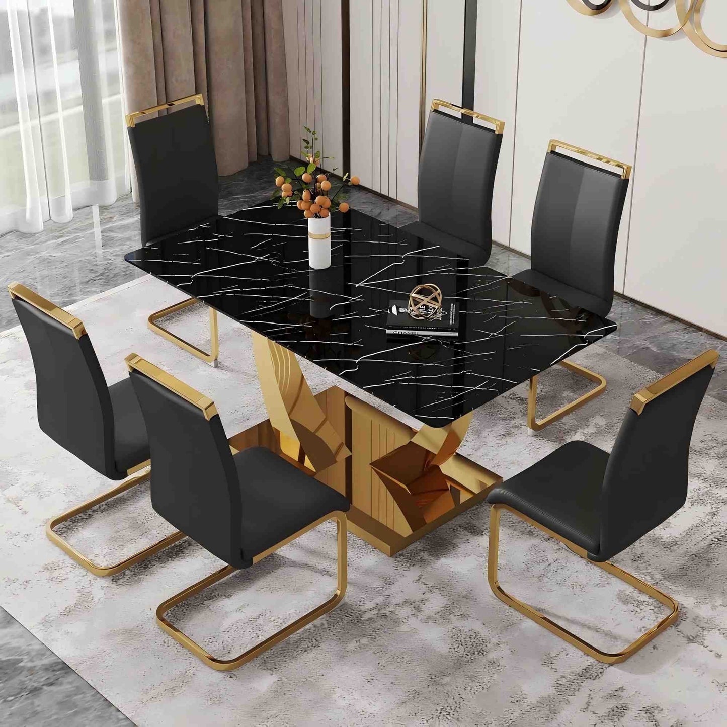 SUDICA 7 Piece Black Glass Dinner Table Set with 6 Faux Leather Chairs, Gold Base, 63"